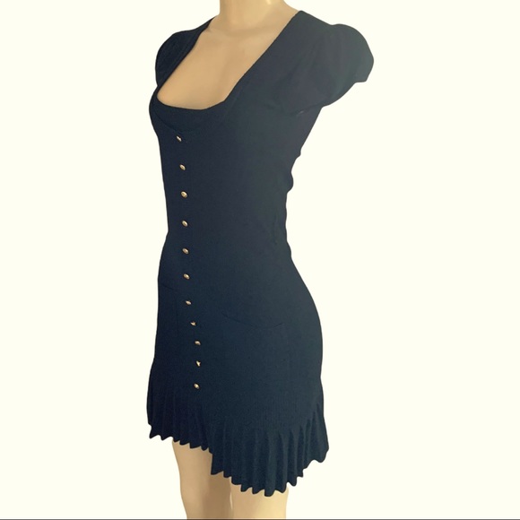 Bebe Body-con Mini Skater Sweater Dress Faux Gold Buttons Pleated Ruffle Skirt - Picture 2 of 4